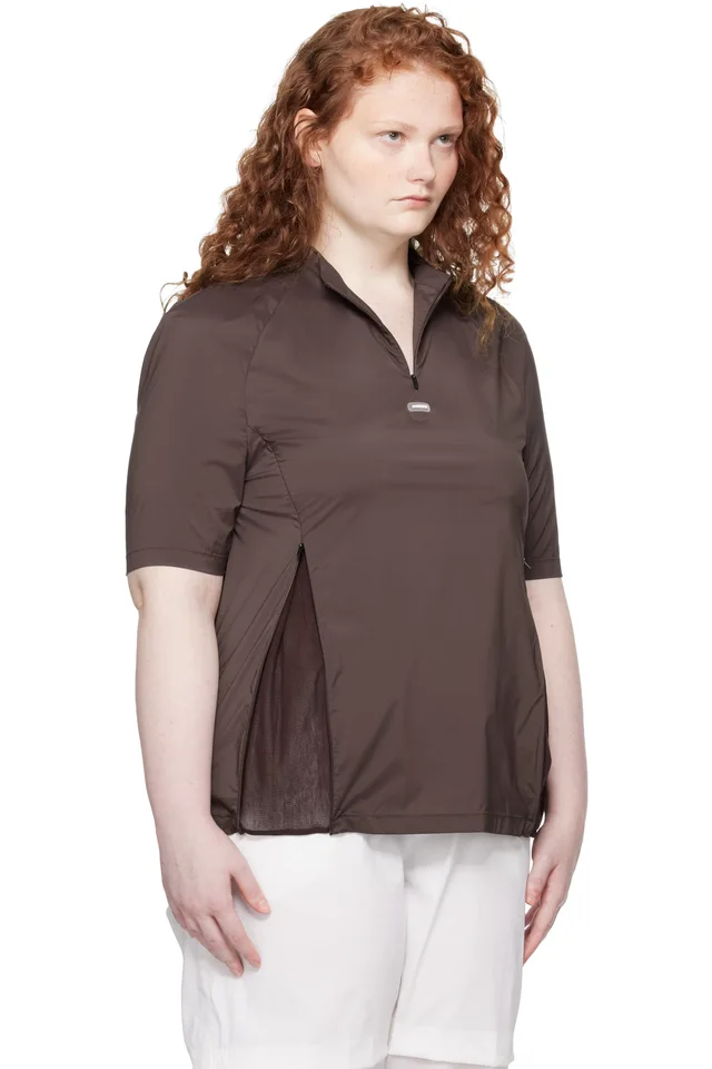 AMOMENTO Brown Mock Neck Half Zip T-shirt, photo 2 of 4 from SSENSE