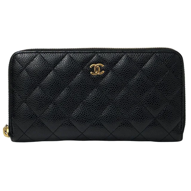 Chanel Wallet Quilted Caviar Leather Black Gold Zip Around in Black Caviar leather from The Reluxe