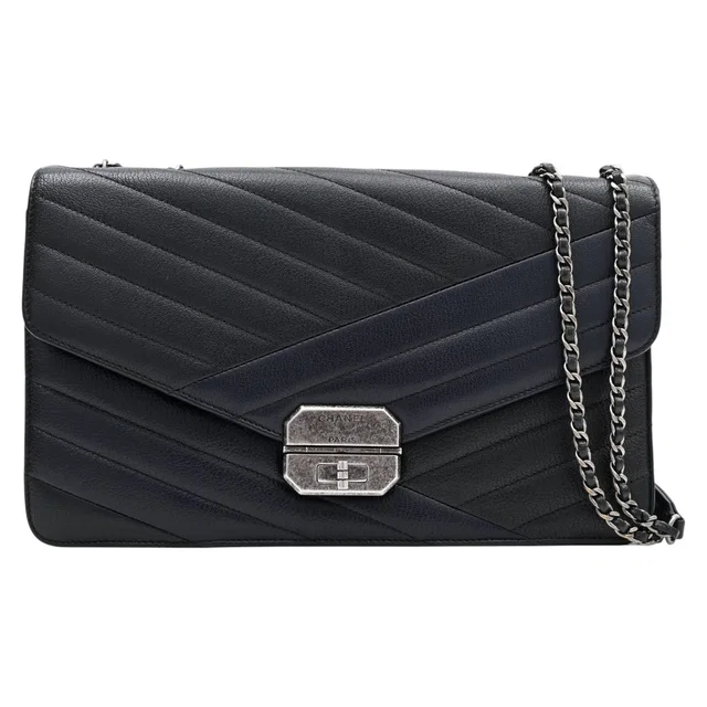 Chanel 2016 Caviar Leather Bias Stitch Logo Plate Chain Bag Black/Navy in Black Caviar leather from VINTAGE QOO TOKYO