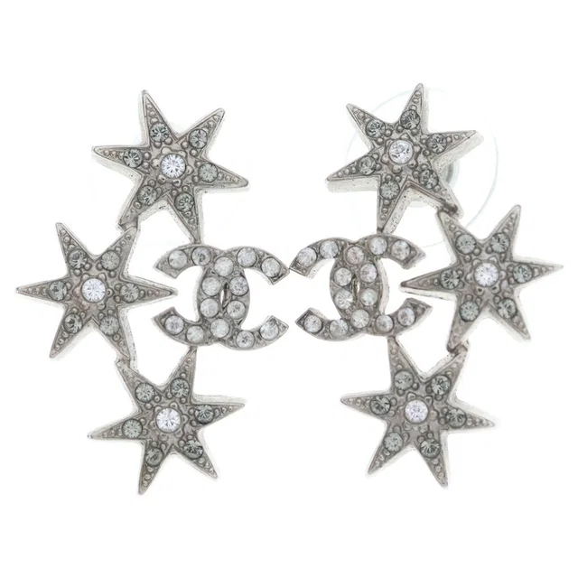 Chanel CC Logo Star Rhinestone Earrings Silver Metal in Silver from The Reluxe