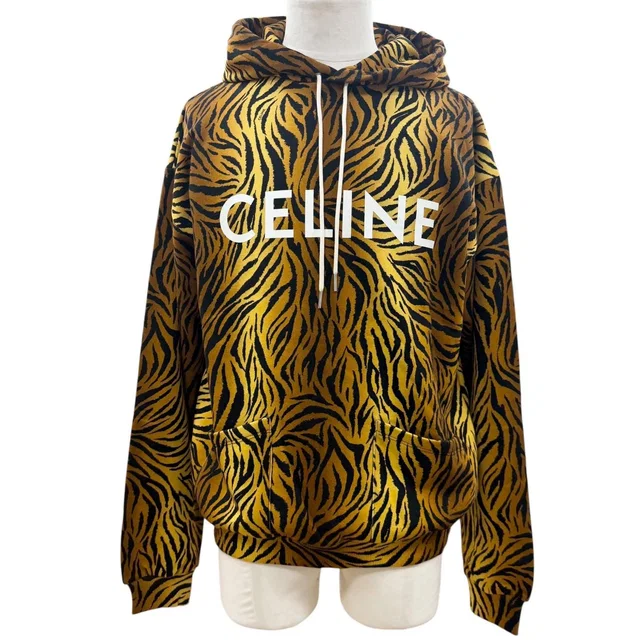 Celine Cotton Tiger Pattern Logo Print Hooded Pullover Hoodie Brown Black in Black from The Reluxe