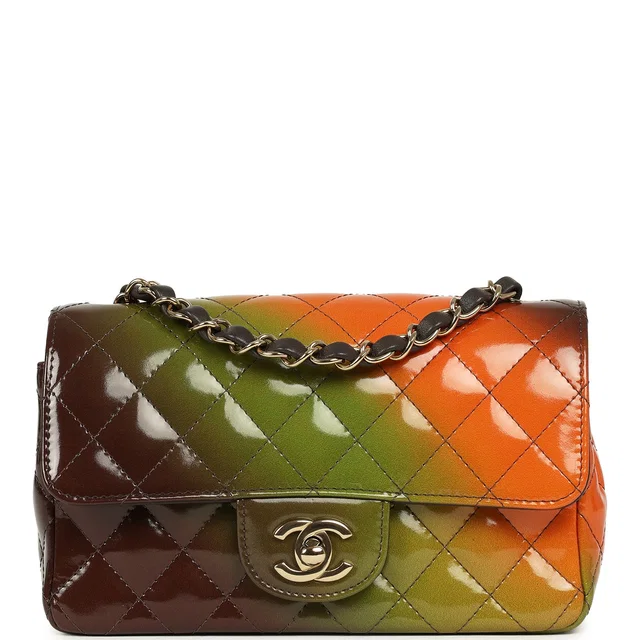 Chanel Mini Paris-Dakar "Sunset Rectangular Flap Bag Brown, Green, Orange Patent Light Gold Hardware in Brown Patent leather from Madison Avenue Couture