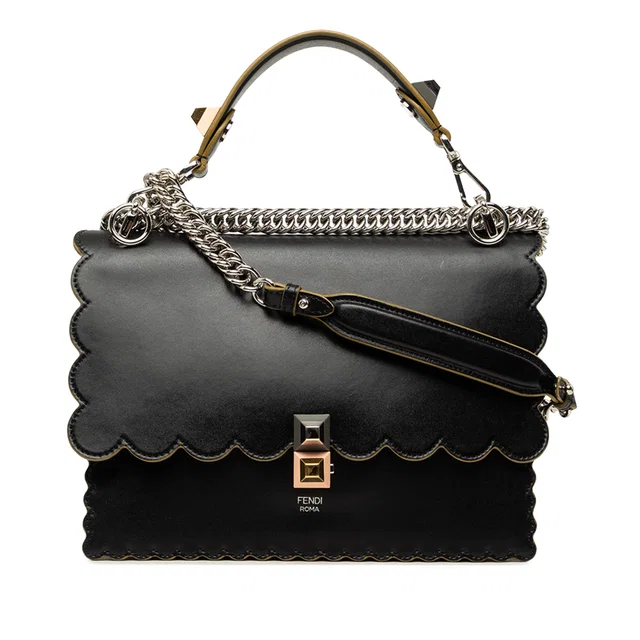Black Fendi Medium Scalloped Leather Kan I Satchel in Black Leather from Designer Revival