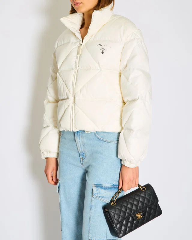 Prada White Cropped Hooded Quilted Down Re-Nylon Puffer Jacket Size IT 40 (UK 8) in White Nylon from Sellier