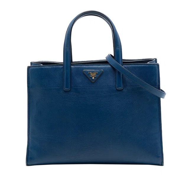 Blue Prada Saffiano Soft Triple Pocket Tote Satchel in Blue Saffiano leather from Designer Revival