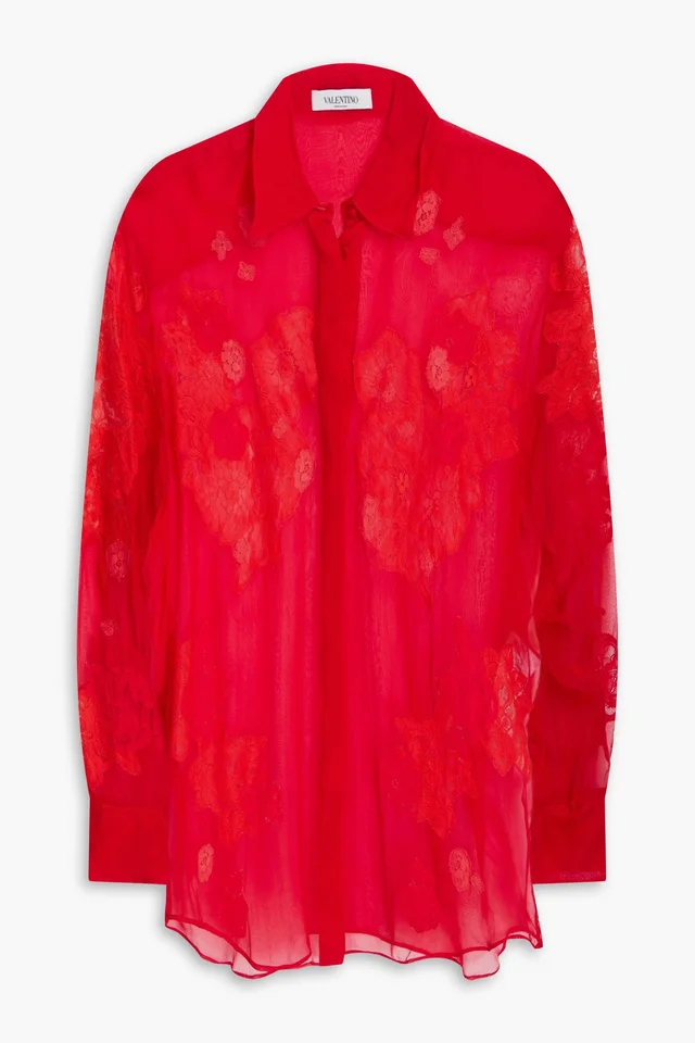 Valentino Garavani Corded Lace-Paneled Silk-Chiffon Shirt in Red from THE OUTNET, photo 1 of 1
