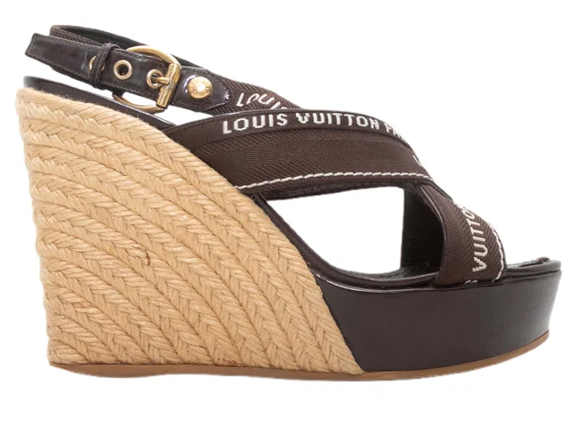 Vintage Brown Louis Vuitton Spellout Espadrille Wedges Size 37 in Brown Patent leather from Designer Revival