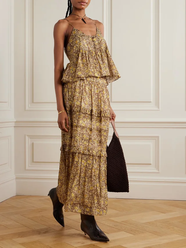 MARANT ÉTOILE Volomia floral-print tiered cotton midi skirt in Green, photo 2 of 2 from NET-A-PORTER (Canada)