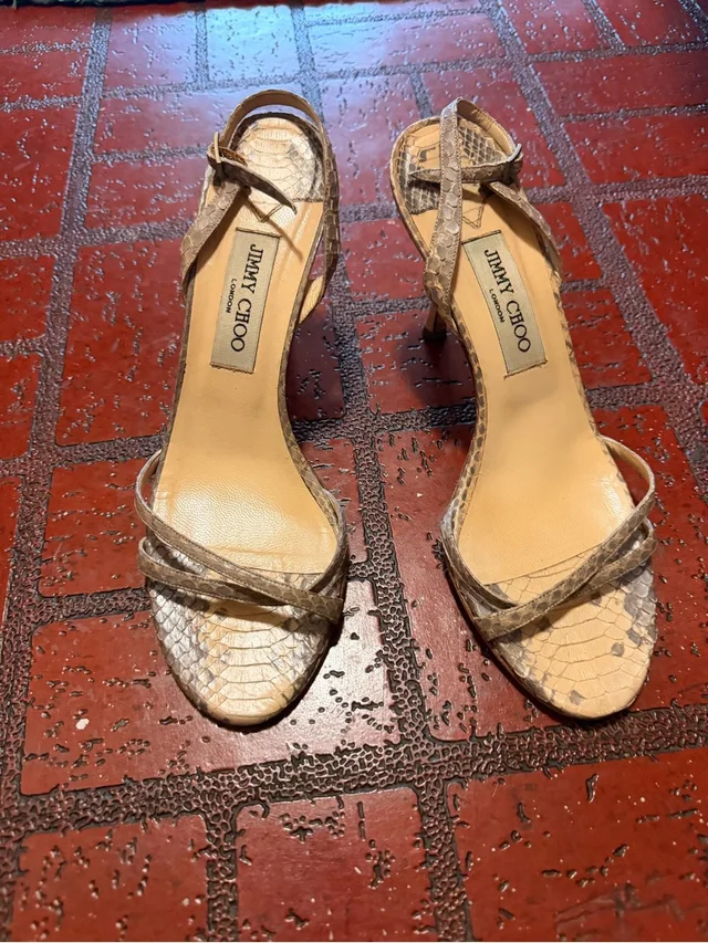 Jimmy Choo Taupe Snakeskin Strappy Heeled Sandals in brown|neutral from Poshmark