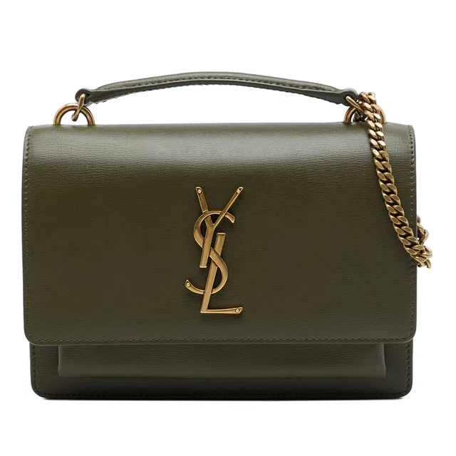 Green Saint Laurent Mini Calfskin Monogram Sunset Wallet on Chain Crossbody Bag in Green Calfskin from Designer Revival