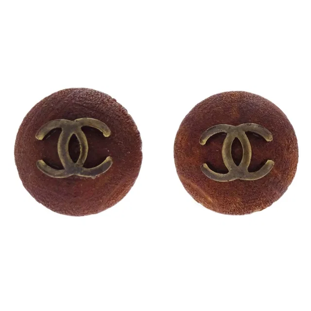 Chanel Button Pierced Earrings Wood Brown 98A in Brown from AMORE Vintage Tokyo