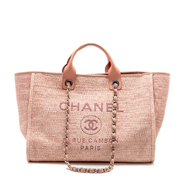 Chanel Large Deauville Tote Shopping Bag Canvas/ Calfskin Pink SHW in Pink Calfskin from EMIER