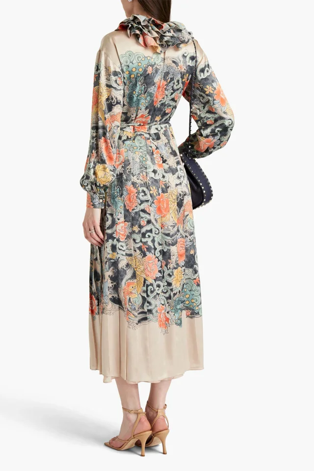 Valentino Garavani Ruffled Printed Silk-Satin Midi Dress in Multicolor, photo 3 of 4 from THE OUTNET
