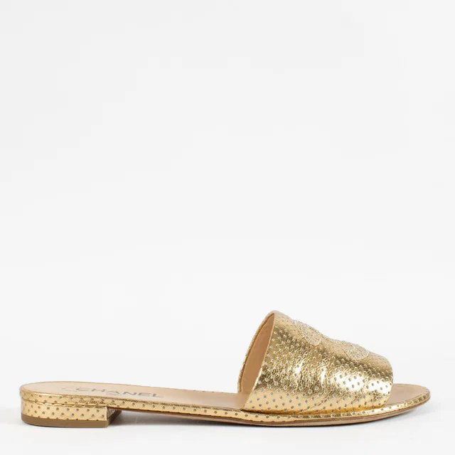 Chanel Gold Lambskin Perforated CC Slide Sandals — Size 41 in Gold Lambskin from Labellov