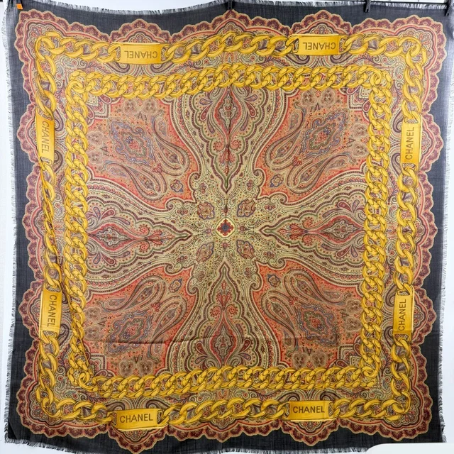 Chanel Chain Paisley Pattern Large Shawl 48% Cashmere 52% Silk Black Gold in Black Silk from The Reluxe