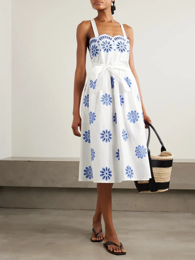 LORETTA CAPONI Belted scalloped broderie anglaise cotton midi dress in White, photo 2 of 2 from NET-A-PORTER (Canada)