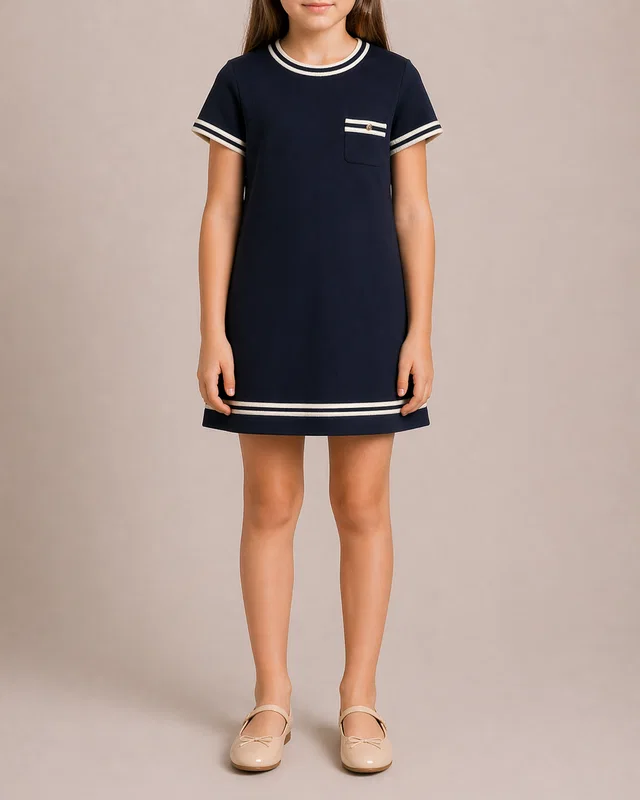 Moncler Kids Navy and White Striped Mini Short-Sleeve Dress with Logo Detail Size 10 years in White from Sellier