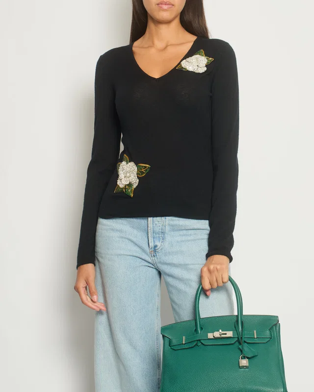 Chanel Black Cashmere V-Neck Jumper with Embellished Flowers FR 38 (UK 10) in Black Cashmere from Sellier