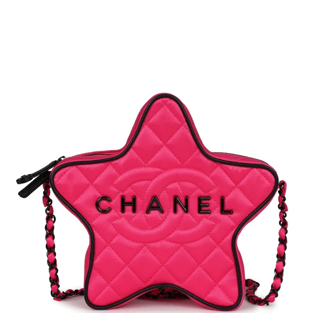 Chanel CC Star Bag Fuchsia and Black Satin Black Metal Hardware in Black Satin from Madison Avenue Couture