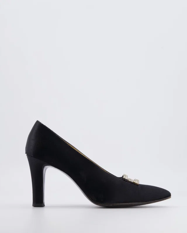 Saint Laurent Vintage Black Satin Heeled Pumps with Crystal Buckle Detail Size EU 37 in Black Satin from Sellier