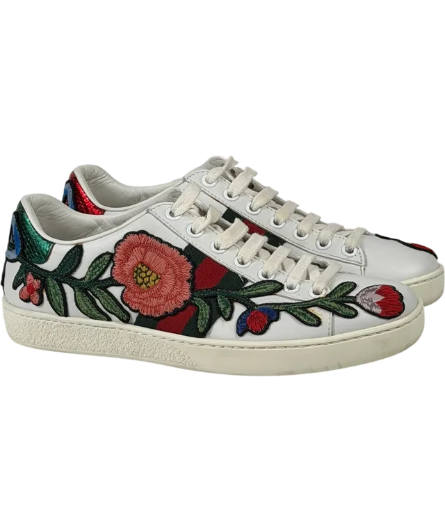 Gucci White Leather Ace Floral Embroidered Low-top Trainers with Bow Heel detail UK 2 EU 35 from Reliked