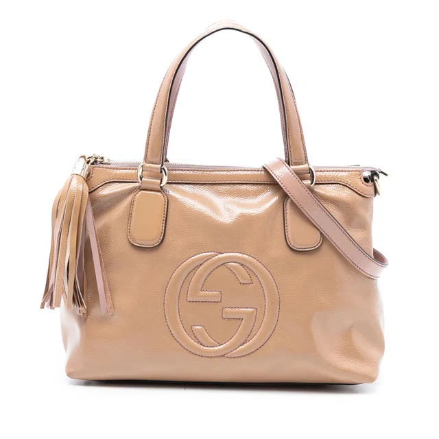 Tan Gucci Small Patent Soho Working Satchel in Brown Patent leather from Designer Revival