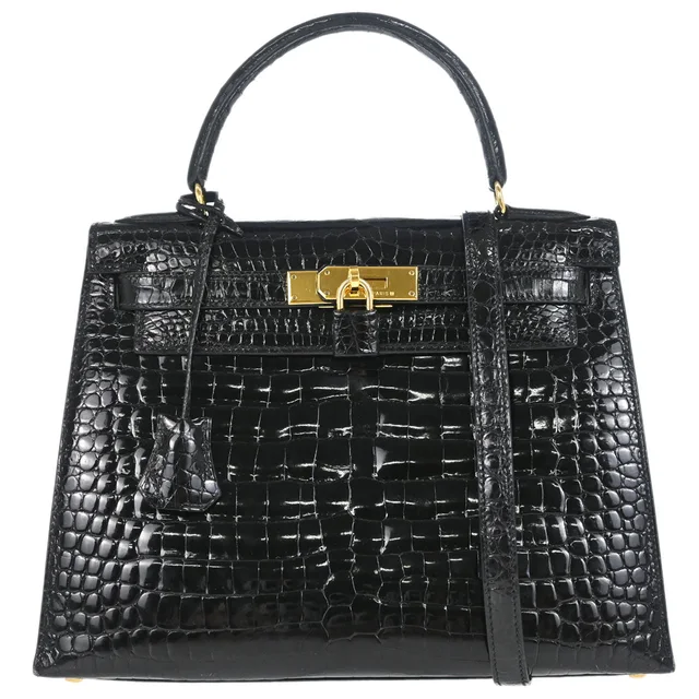 Hermès 1996 Black Porosus Kelly 28 Sellier 2way Shoulder Handbag in Black Crocodile from AMORE Vintage Tokyo