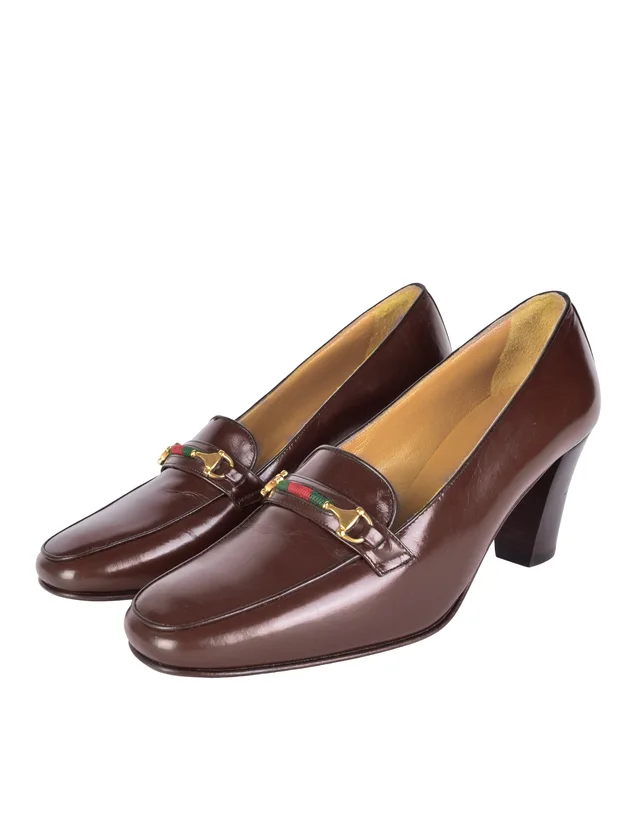 Gucci Vintage AW 1984 Brown Leather Horsebit Loafer Heels in Brown Leather from Amarcord Vintage Fashion