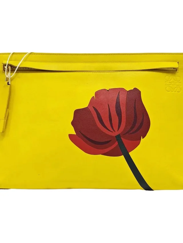 Loewe Pouch Yellow Leather Clutch With Red Floral Graphic in red|yellow Leather from Poshmark