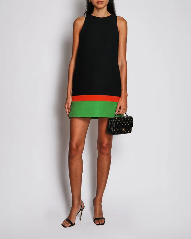 Dior Black A-Line Short Dress with Orange and Green Colour Blocking Panels Size FR 36 (UK 8) in Black Silk from Sellier