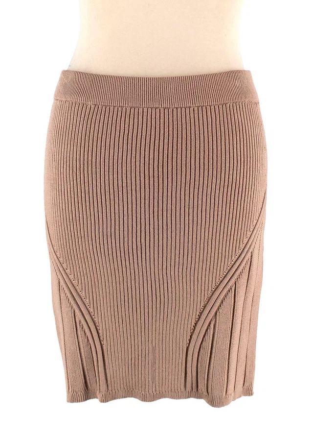 Balmain Camel Ribbed Knit Mini Skirt with Gold Button Detail in Brown from HEWI