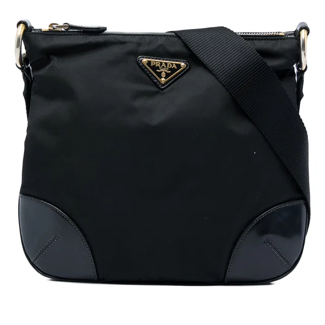 Black Prada Leather Trimmed Tessuto Zip Top Crossbody in Black Leather from Designer Revival