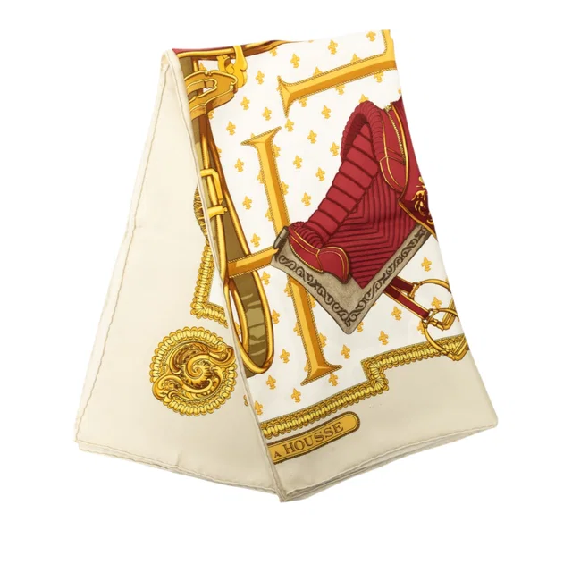 White Hermès Selles a Housse Silk Scarf 90 Scarves in White Silk from Designer Revival