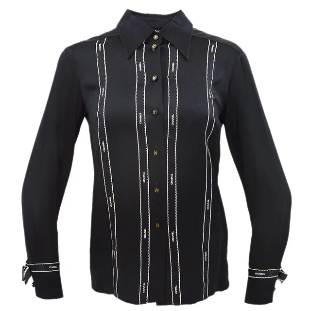 Chanel Ribbon Blouse Shirt Black 94A #36 in Black Silk from AMORE Vintage Tokyo