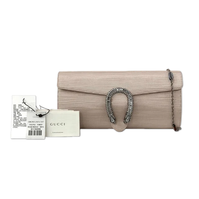 Gucci Ribbed Moiré Dionysus Clutch with Rhinestone Hardware from Luxury Promise