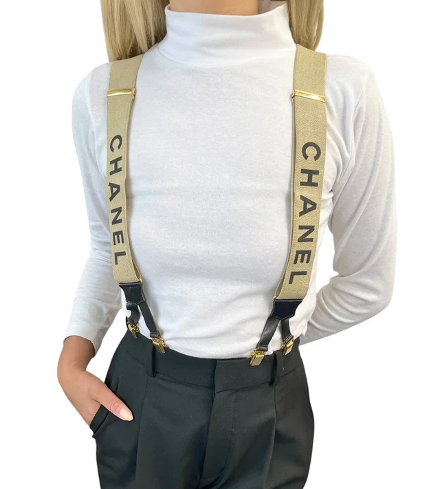 Chanel Vintage 1994 CC Logo Letter Suspender Belt Beige Black Cotton Leather in Black Leather from Luxury Promise