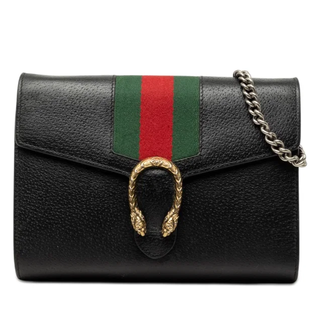 Black Gucci Mini Calfskin Dionysus Web Wallet On Chain Crossbody Bag in Black Calfskin from Designer Revival