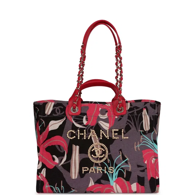 Chanel Medium Deauville Shopping Tote Grey, Pink Tropical Floral Velvet Light Gold Hardware in Pink Velvet from Madison Avenue Couture