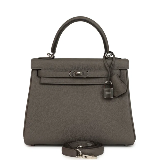 Hermès Kelly Retourne 25 Etain Togo Palladium Hardware in Taupe Togo leather from Madison Avenue Couture