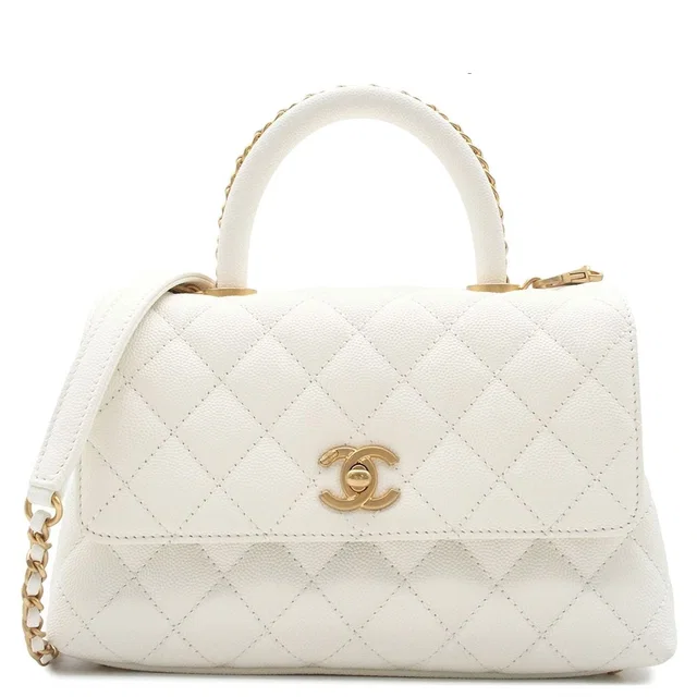 Chanel Coco Handle XS Quilted White Gold Caviar Leather 2-Way Shoulder Bag in White Caviar leather from The Reluxe