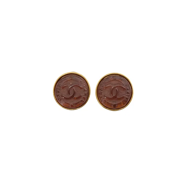Chanel Vintage Cocomark Round Earrings Brown Gold Accessory 99A in Brown from Luxury Promise
