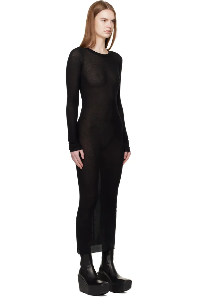 Rick Owens Black Temple Rib LS Midi Dress, photo 2 of 4 from SSENSE