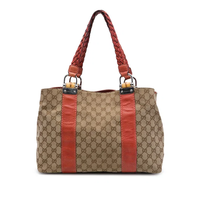 Beige Gucci Medium GG Canvas Bamboo Libeccio Tote in Beige Canvas from Designer Revival