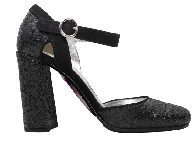 Black Prada Glitter Ankle Strap Heels Size 37.5 in Black Suede from Designer Revival