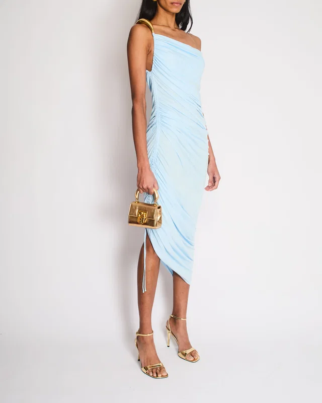 Bottega Veneta Baby Blue One Shoulder Ruched Asymmetric Midi Dress in Blue from Sellier