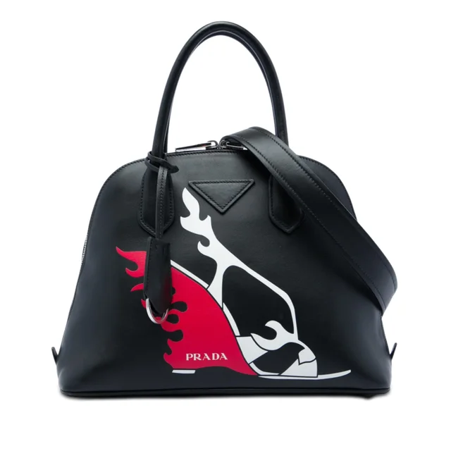 Black Prada City Calf Flame Heels Print Promenade Satchel in Black Leather from Designer Revival