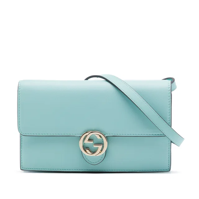 Blue Gucci Calfskin Interlocking G Dollar Wallet On Strap Crossbody Bag in Blue Calfskin from Designer Revival
