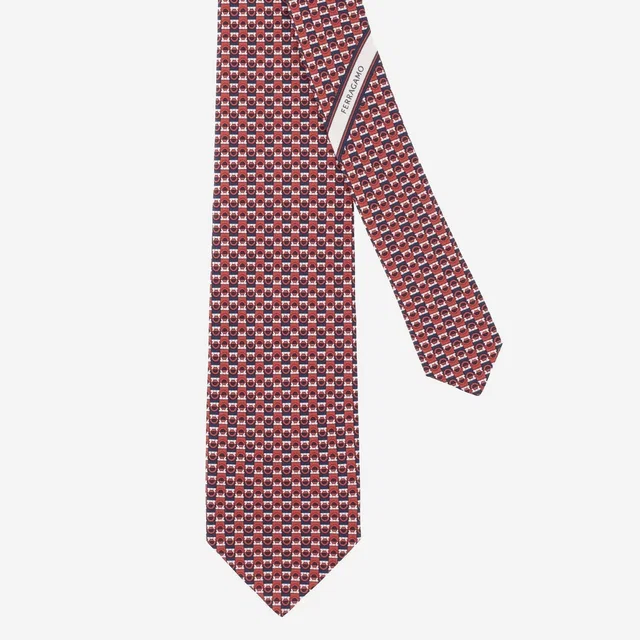Ferragamo Silk Geometric Pattern Necktie — Red Neckties in Red Silk from HEWI