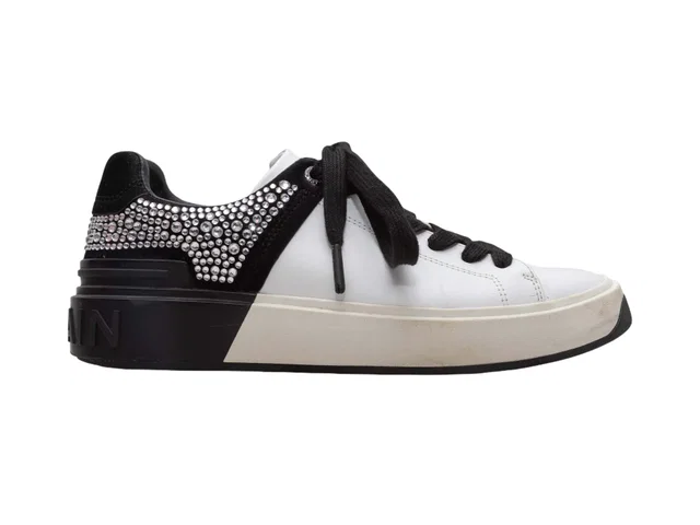 White & Black Balmain Crystal-Embellished Low-Top Sneakers Size 37 in Black from Designer Revival