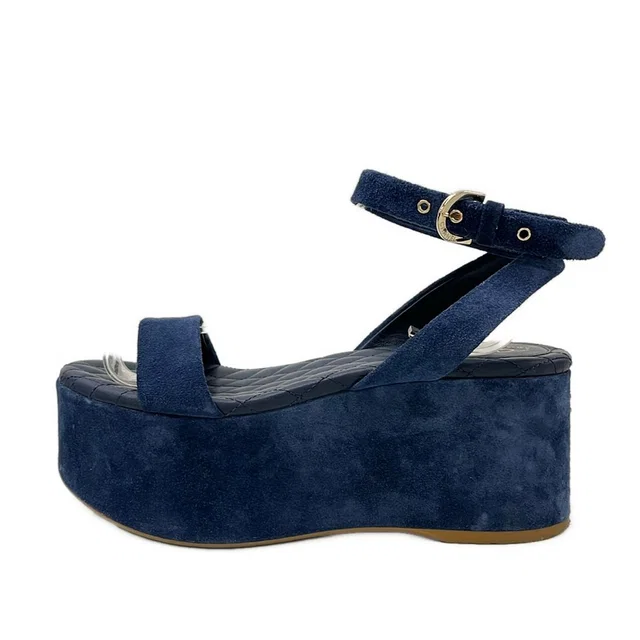 Chanel Sandals Navy Wedge Sole Gold CC Logo in Navy Suede from The Reluxe